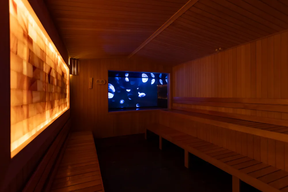 Backlit Himalayan salt brick wall glowing amber inside the Wellmax sauna, Bangkok